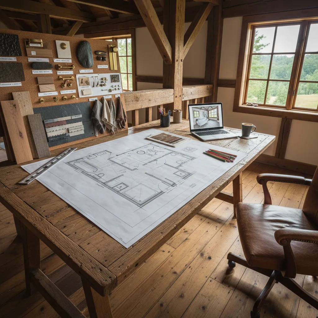 Interior design drawing of a room layout on wooden desk with laptop and mood board
