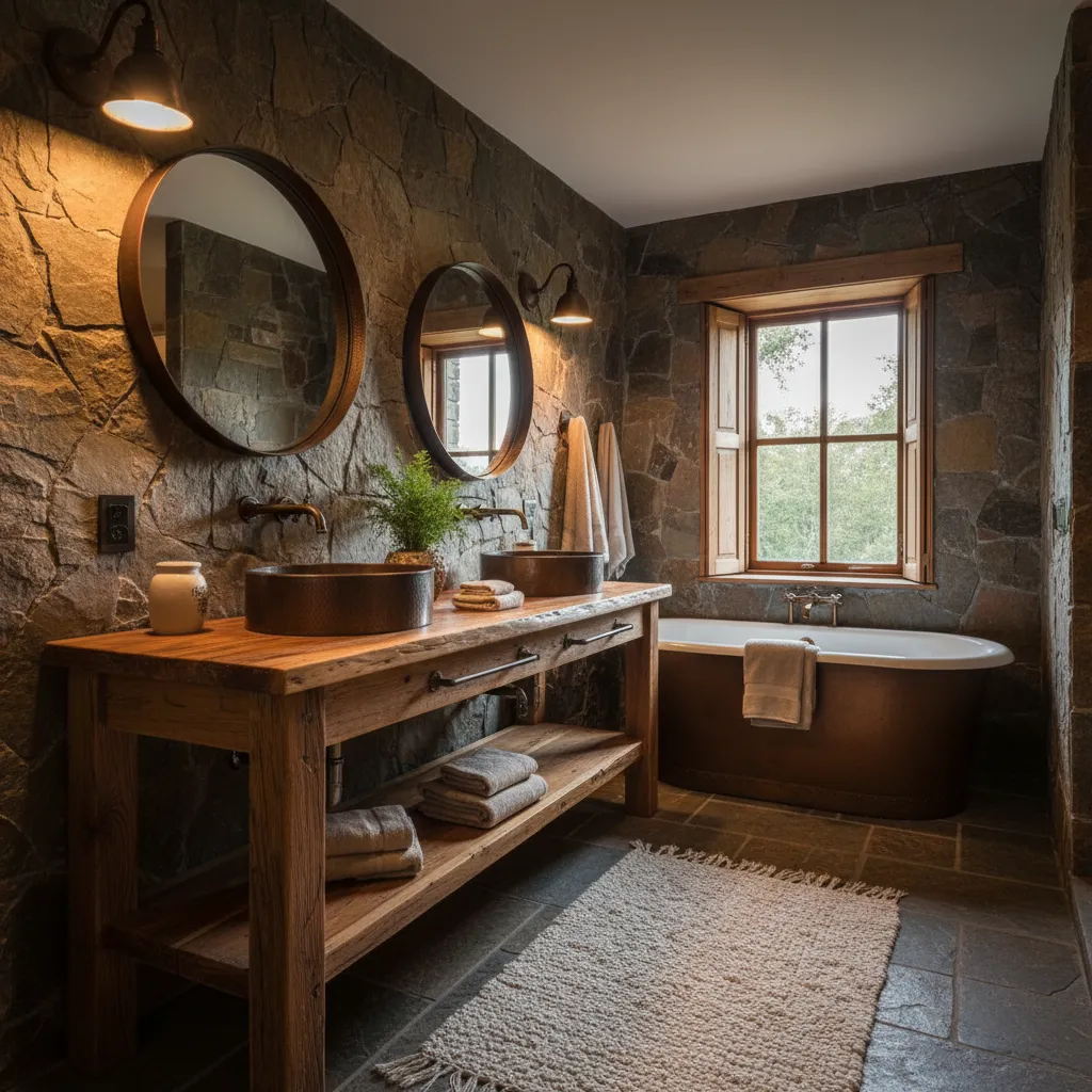 Rustic bathroom featuring stone walls, wooden cabinet, round mirrors, copper sinks, and warm wall lights