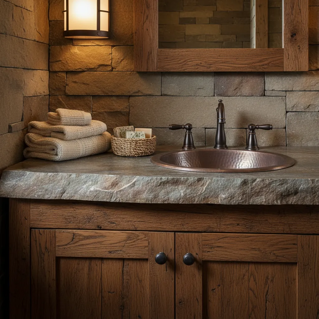 Rustic bathroom with stone wall wooden cabinet copper sink wall light and folded beige towels