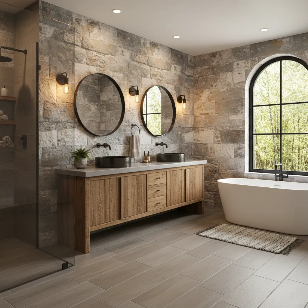 rustic bathroom interior with wood vanity stone textures and neutral palette