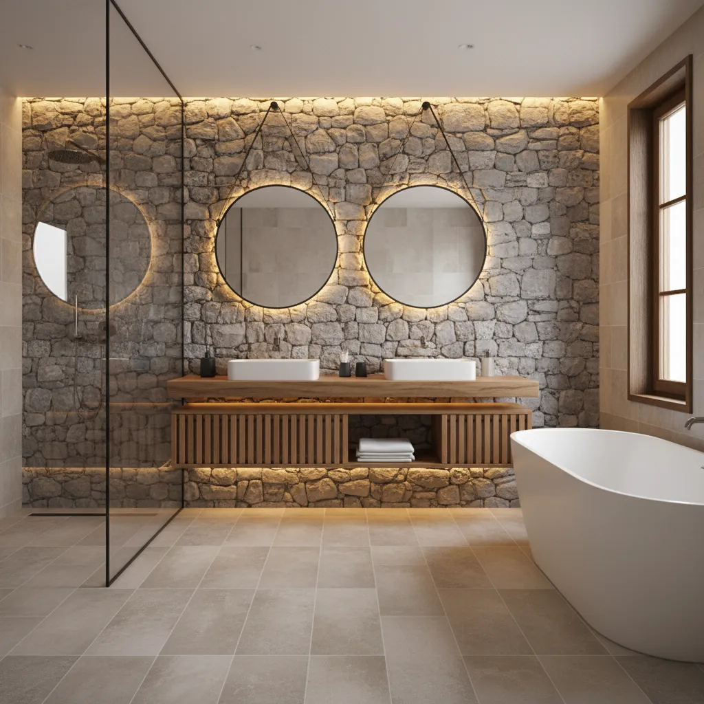 bathroom with stone accent wall and neutral tile floor rustic design