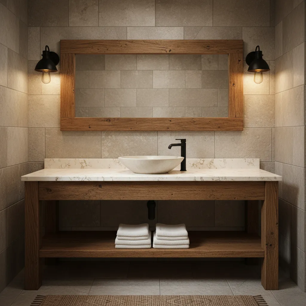 rustic bathroom mirror with warm wall sconces and matte black fixtures