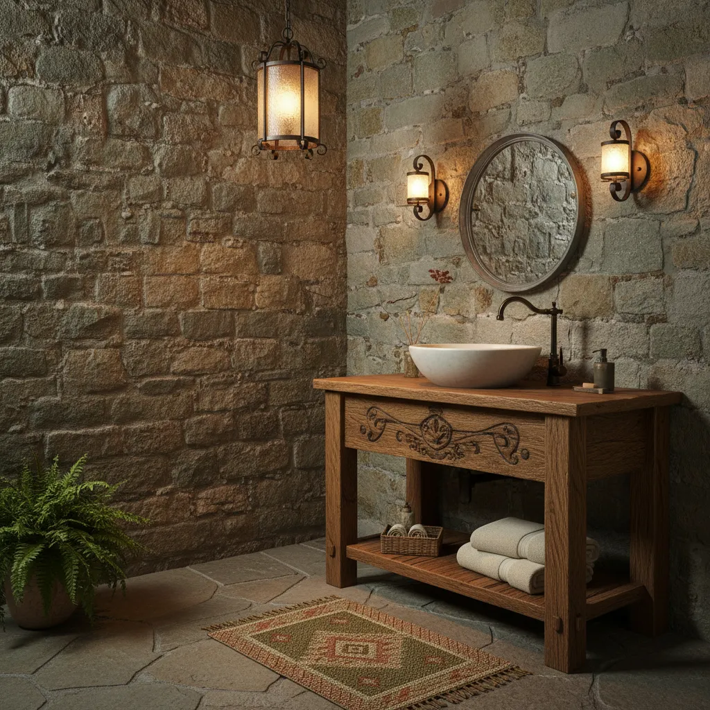 Rustic bathroom featuring stone walls, wooden cabinet, round mirror, white sink, and warm wall lights
