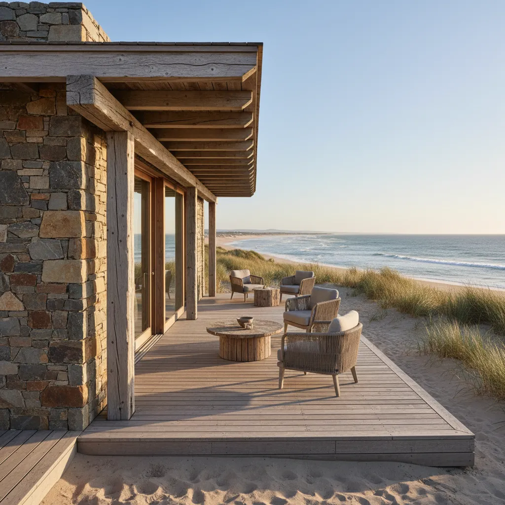 Exterior de casa de playa rústica con madera, piedra y terraza abierta