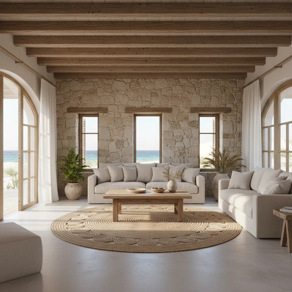 Interior rústico con vigas de madera, piedra y decoración natural