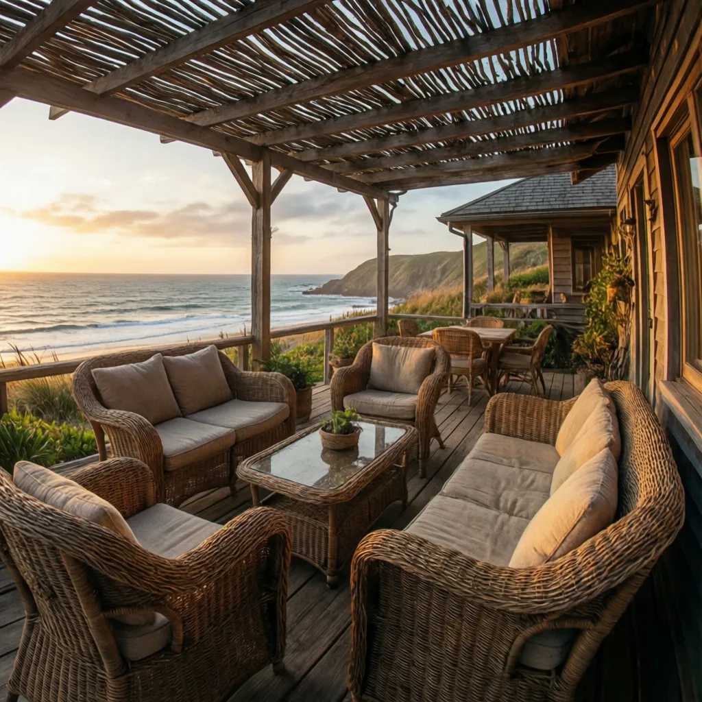 Terraza rústica de casa de playa con muebles de fibra natural