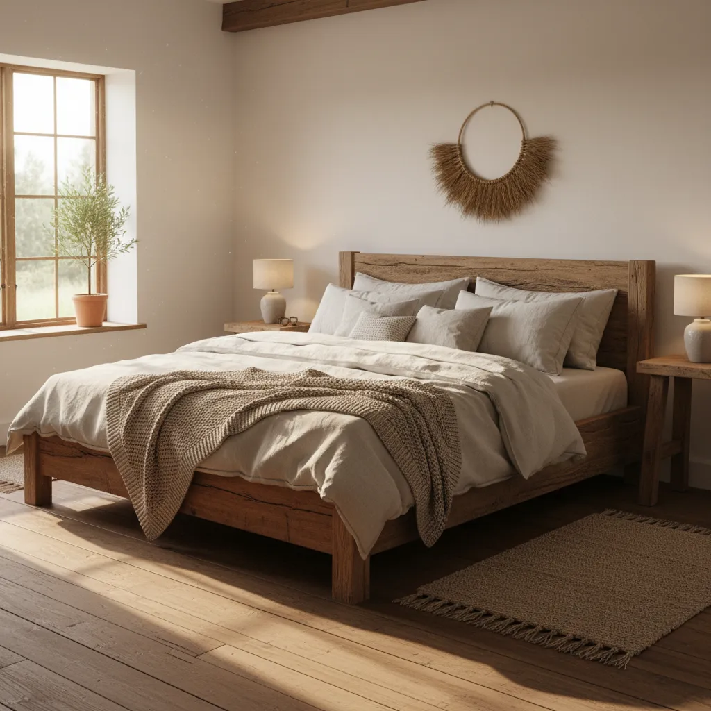 Simple bedroom with wooden bed frame beige linen bedding rug and light from the window