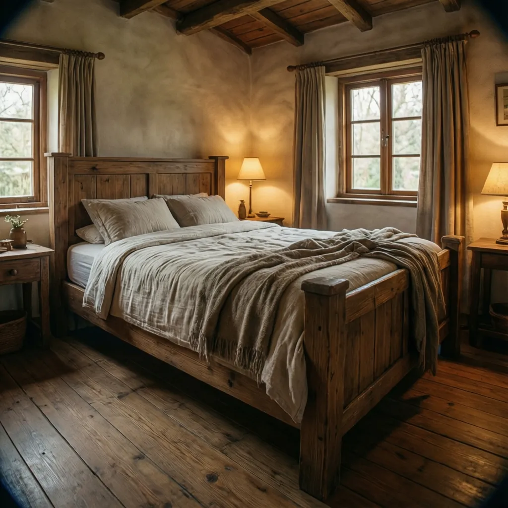 Rustic bedroom with a wooden bed, warm table lamps, beige curtains, and a dark wooden floor
