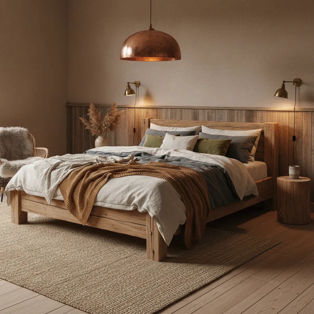 Dormitorio rústico con textiles naturales y madera