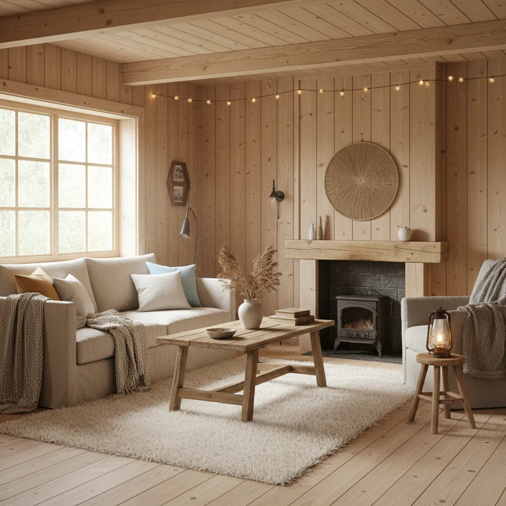 Interior de cabaña con madera clara y decoración rústica minimalista