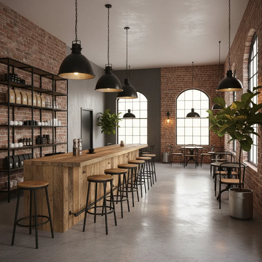 Farmhouse pendant lights illuminating coffee shop seating and bar counter