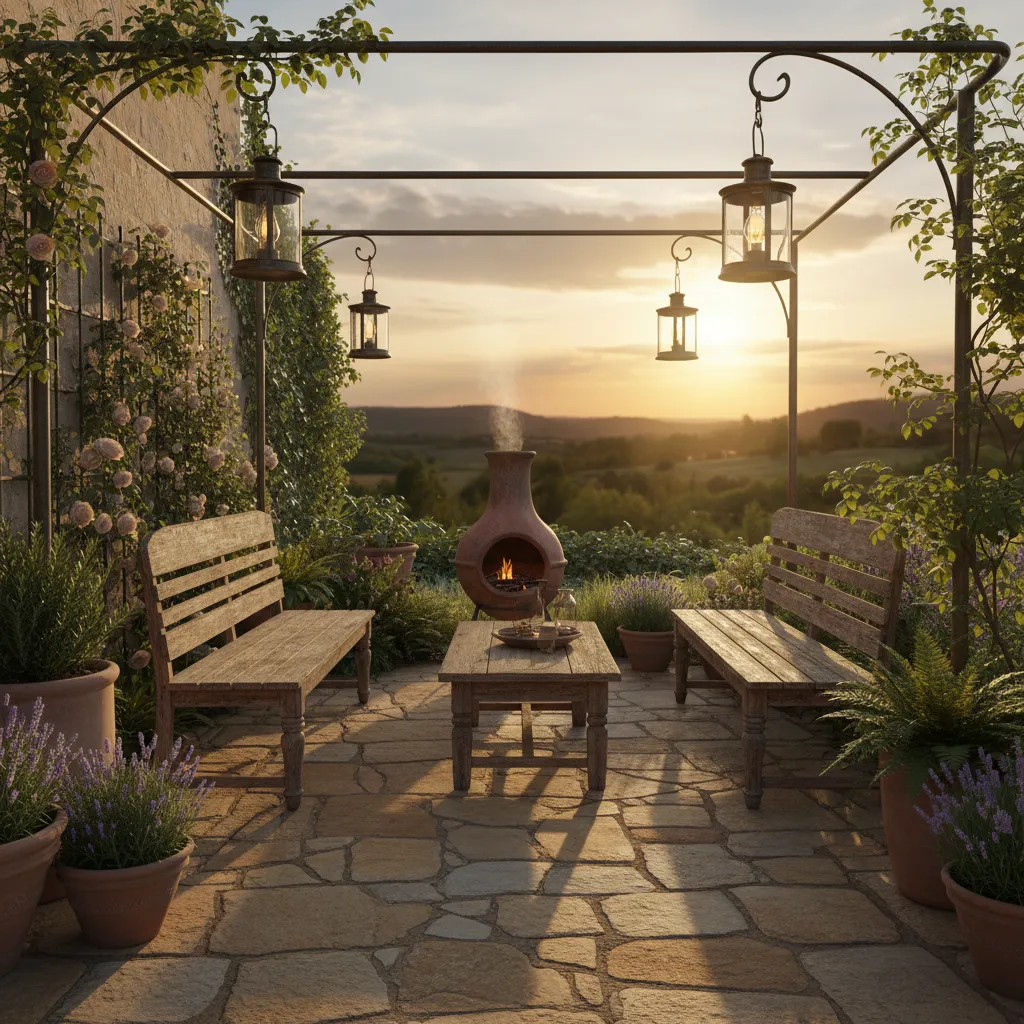 rustic backyard patio with stone seating and terracotta chiminea