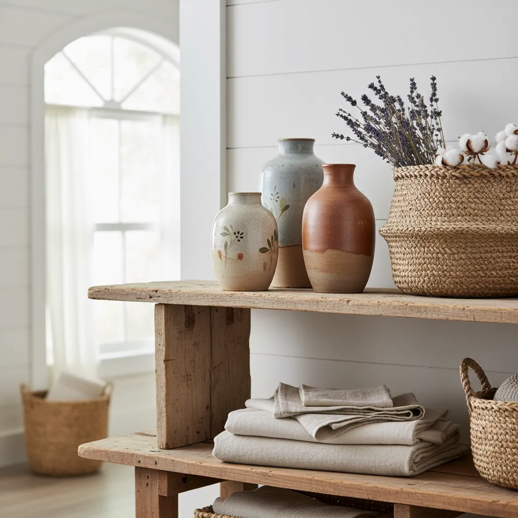 Wooden shelves displaying ceramic vases, woven baskets with dried flowers, and neatly folded linen cloths