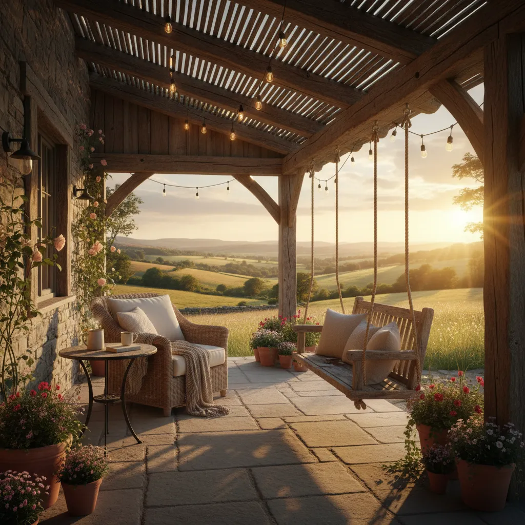 Porche de casa rústica con madera y vistas al campo
