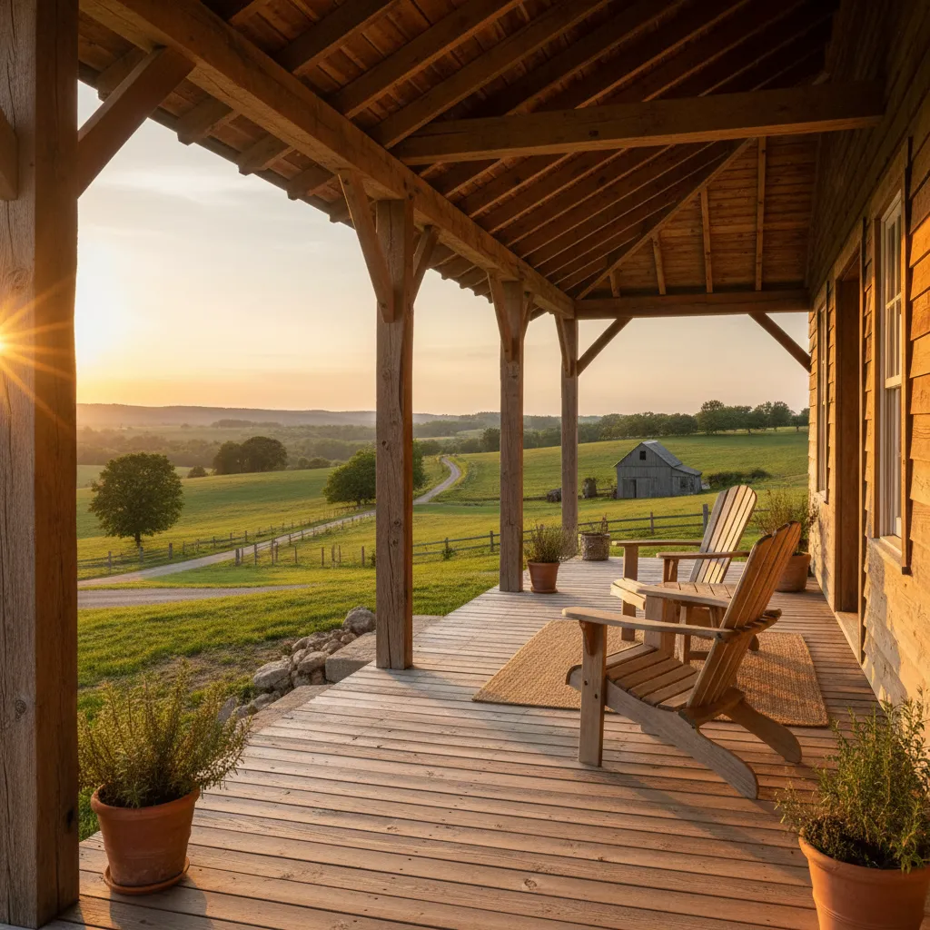 Porche de casa de campo rústica con muebles simples