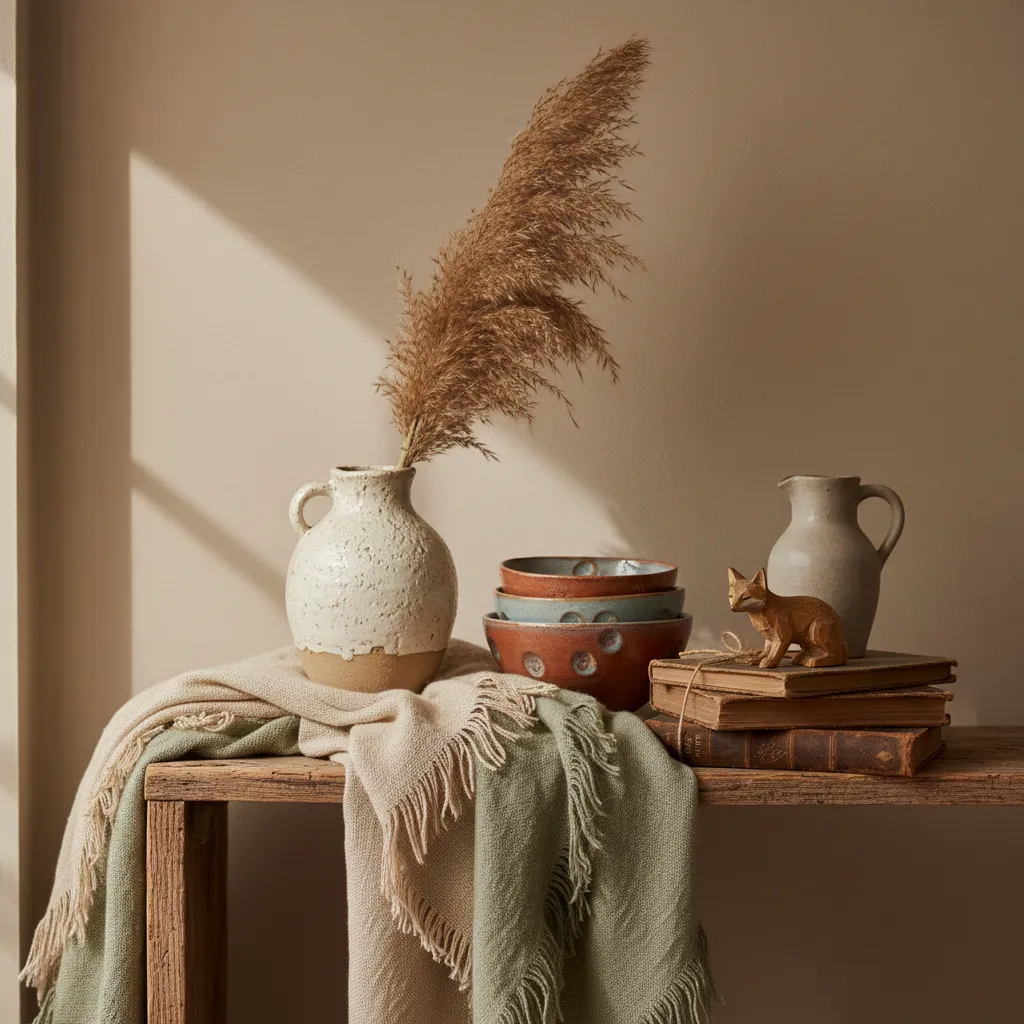 Detalles decorativos rústicos como cerámica y textiles naturales