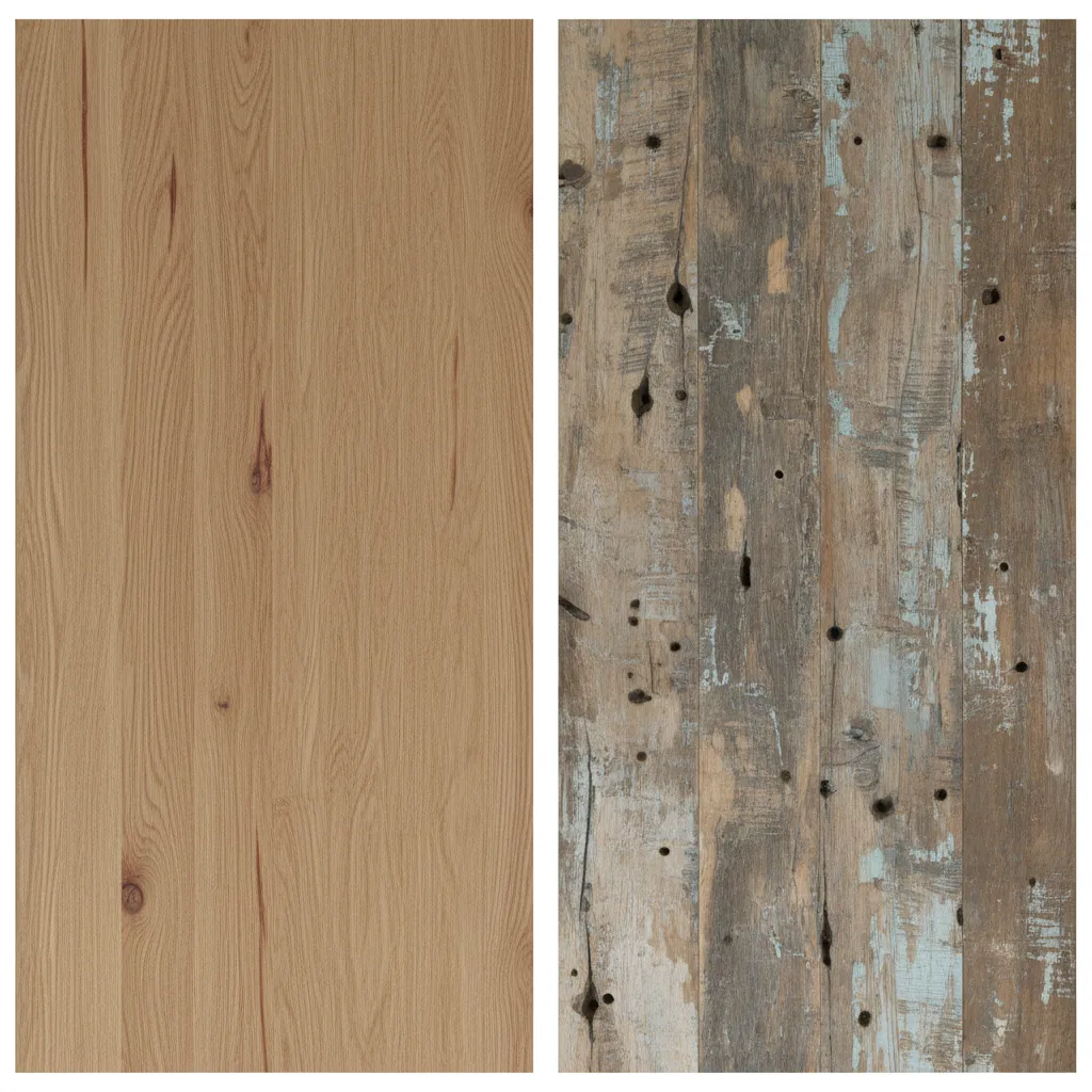 Comparison of pine oak and reclaimed wood table surfaces