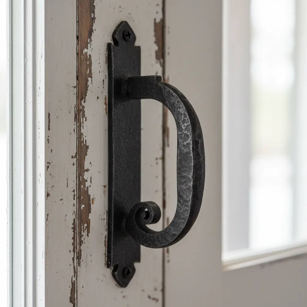 Detalle de herrajes negros en puerta rústica blanca