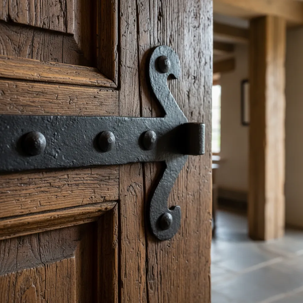 Detalle de herrajes metálicos negros en puerta rústica