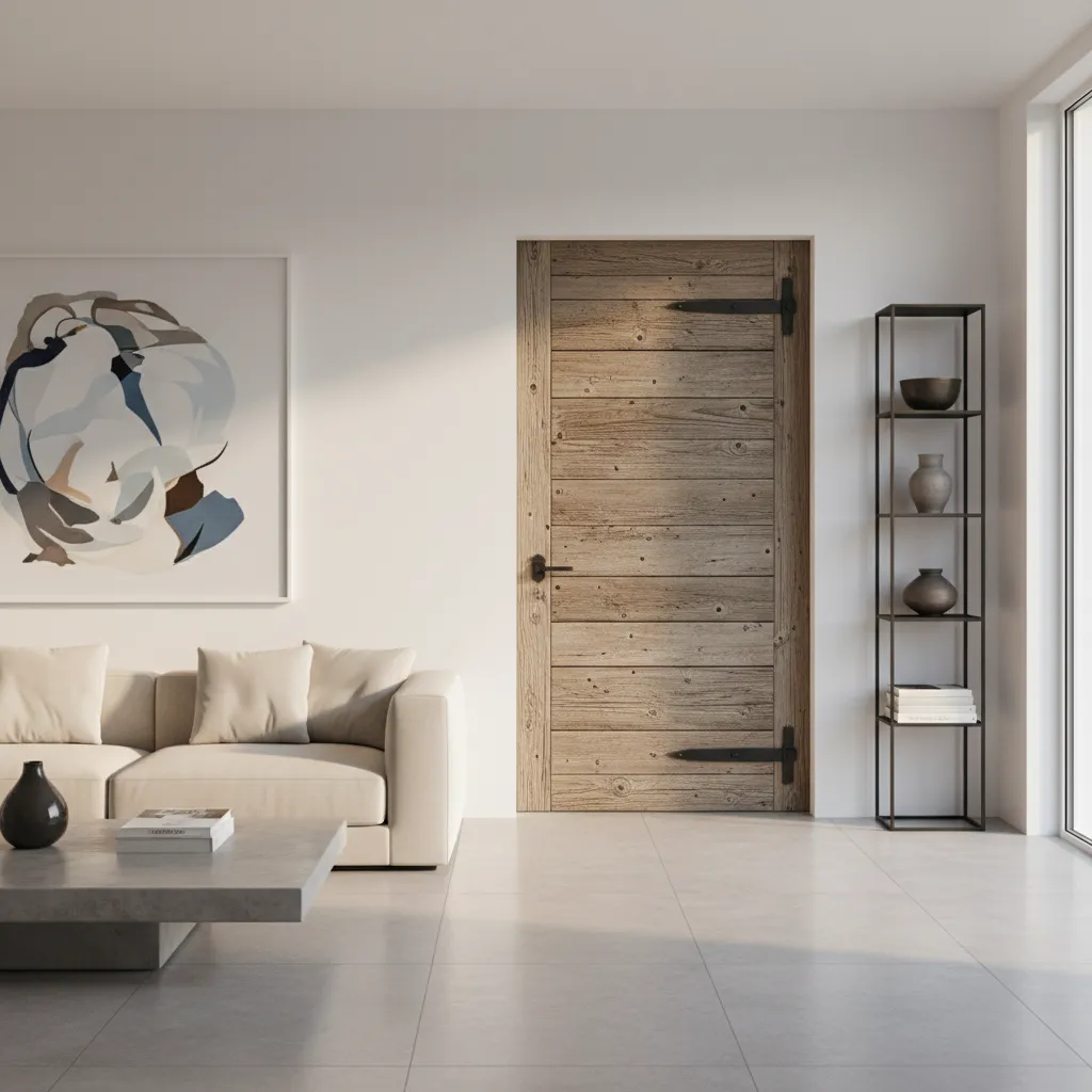 Puerta rústica combinada con interior moderno minimalista