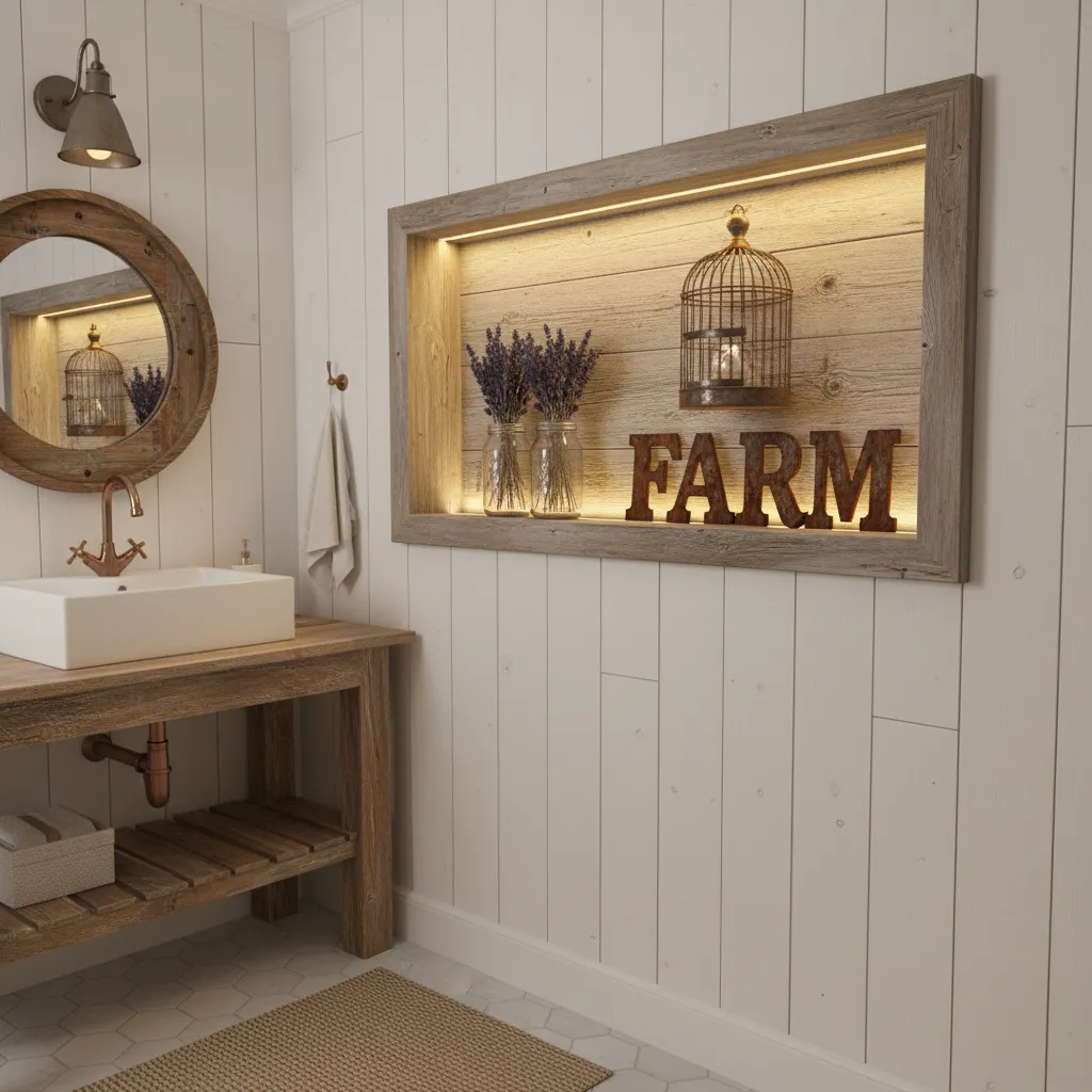 Rustic farmhouse bathroom shadow box with wood frame mason jars and dried herbs