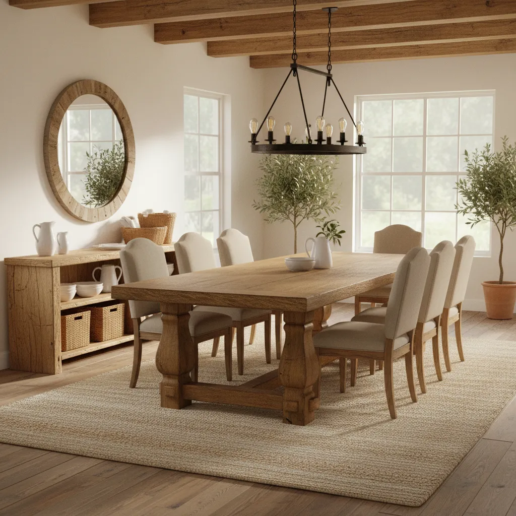 Solid wood farmhouse dining table in a rustic dining room with natural lighting