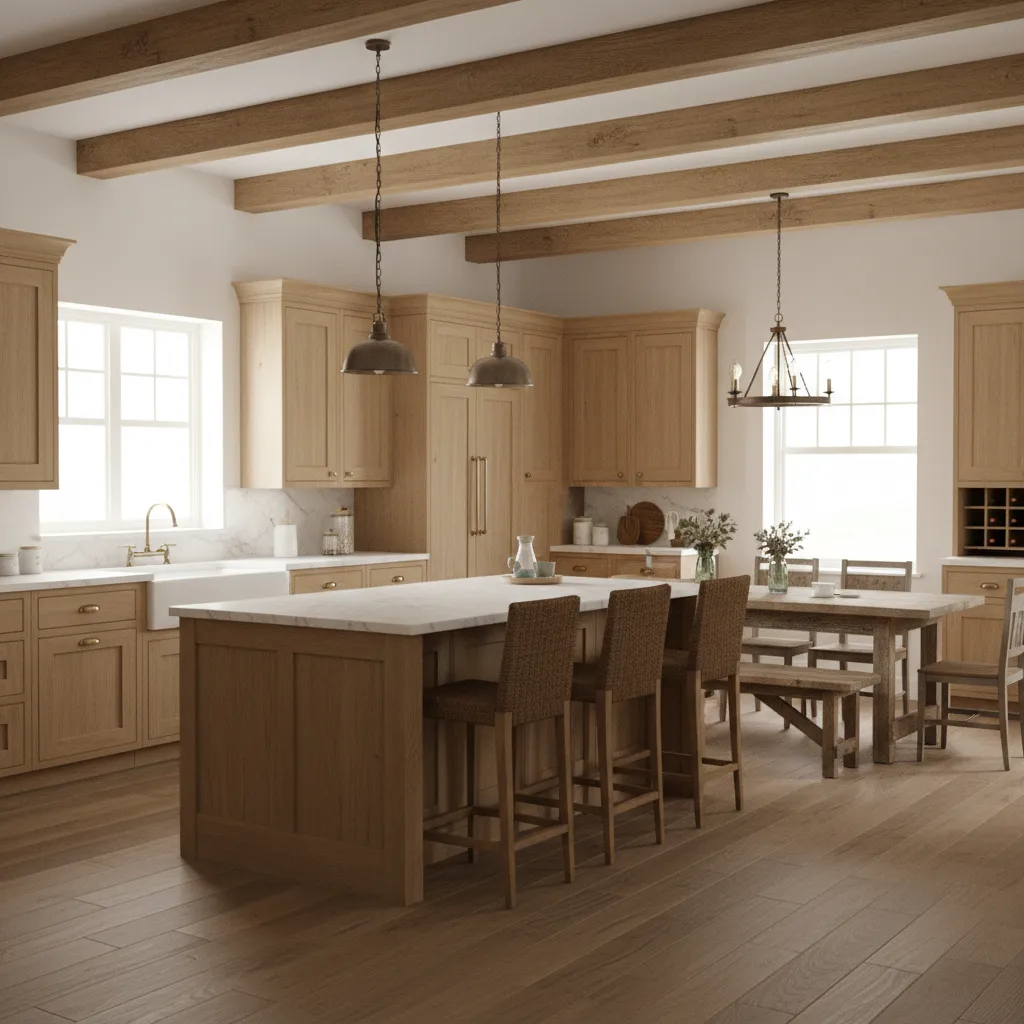 Rustic farmhouse kitchen with natural wood cabinets and large farmhouse island