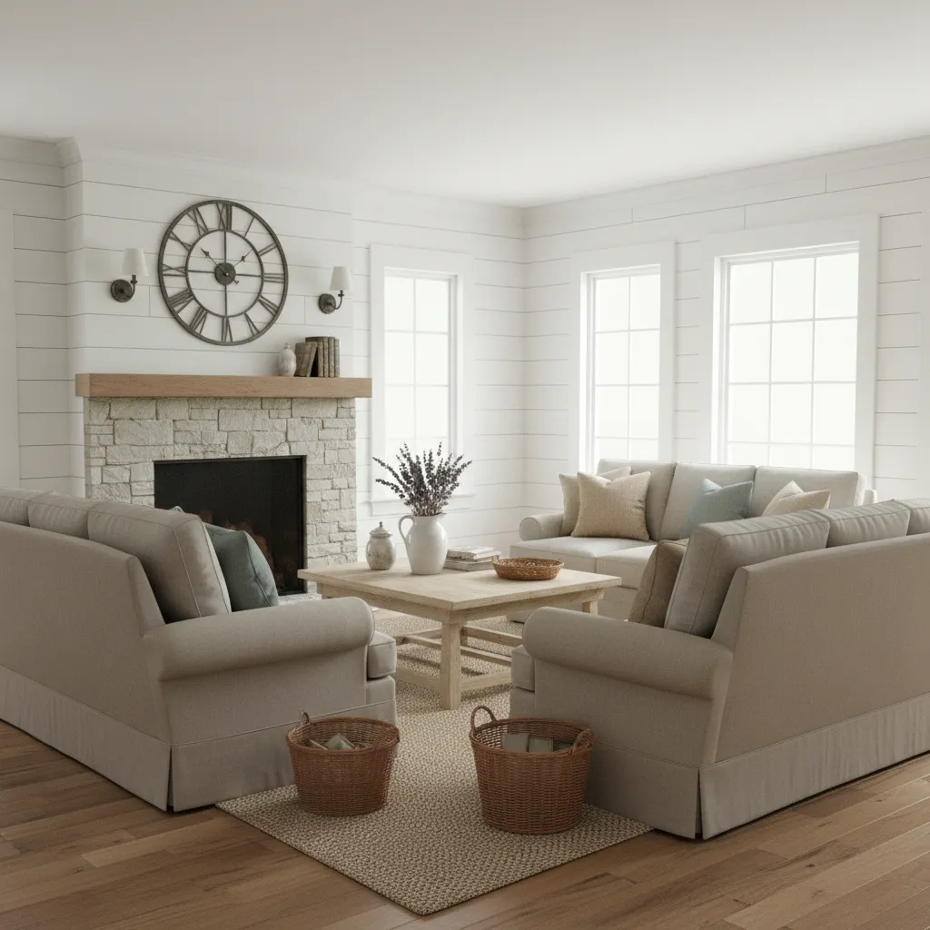 Bright rustic farmhouse living room with white shiplap walls and neutral furniture