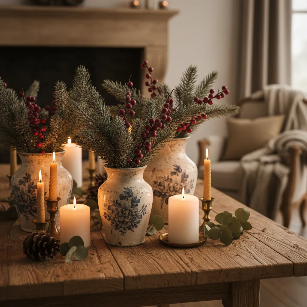 Detalles de decoración navideña con velas y ramas en casa rústica