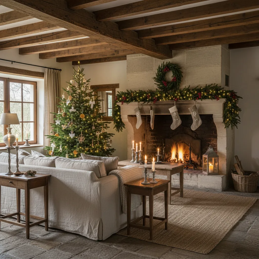 Interior de casas rústicas francesas decoradas de Navidad