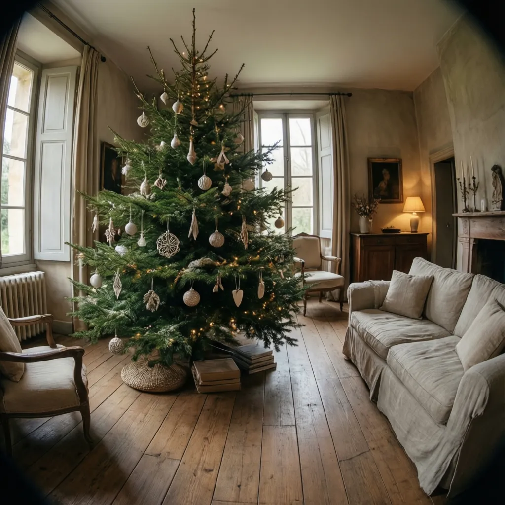 Árbol de Navidad natural en interior rústico francés
