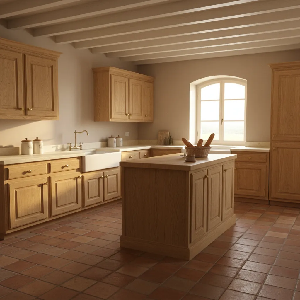 Rustic French country kitchen interior with wooden cabinets stone countertops and farmhouse sink