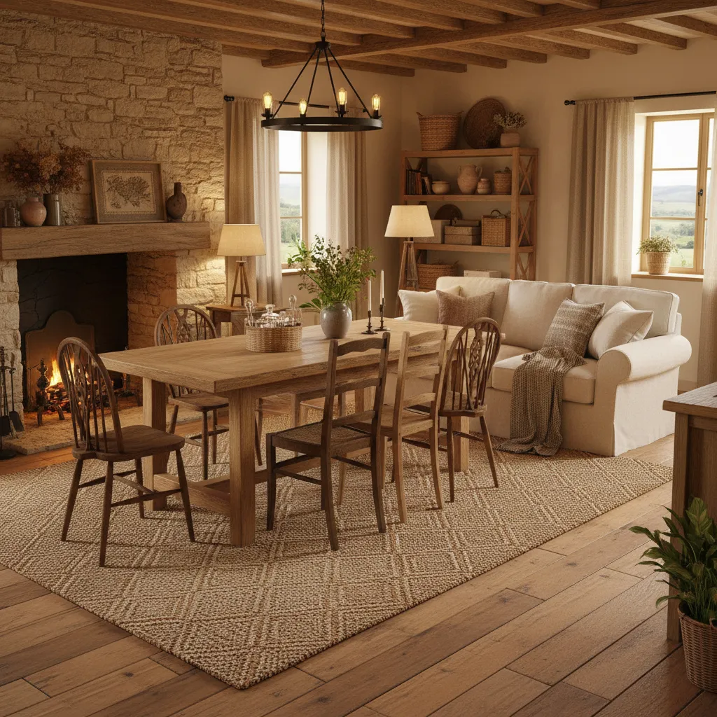 Muebles rústicos de madera combinados con textiles naturales