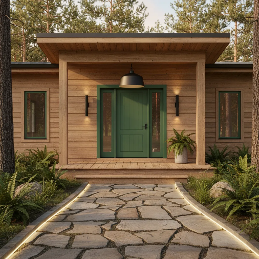 modern rustic house exterior with forest green accent door and wood siding