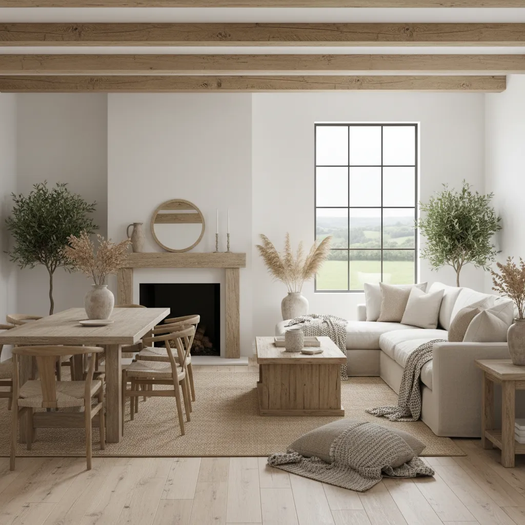 Interior rústico con paredes claras y muebles de madera