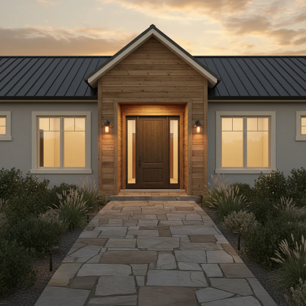 Rustic house exterior with improved curb appeal using lighter accents and warm wood entry