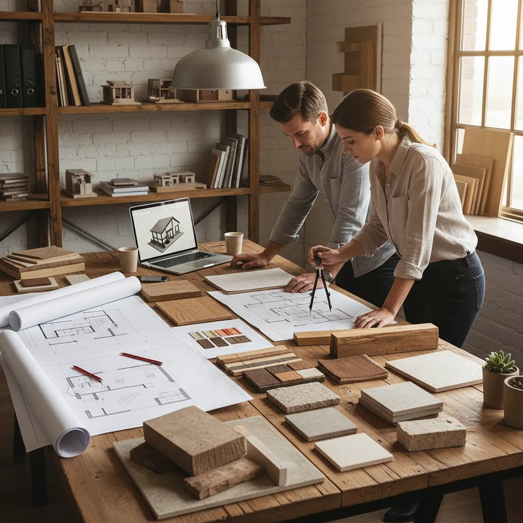 Two designers working on room layout with paper floor plans material samples and a laptop computer