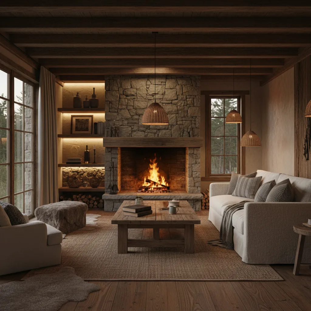 Cozy living room with stone fireplace, white sofa, wooden coffee table, rug, and warm light fixtures