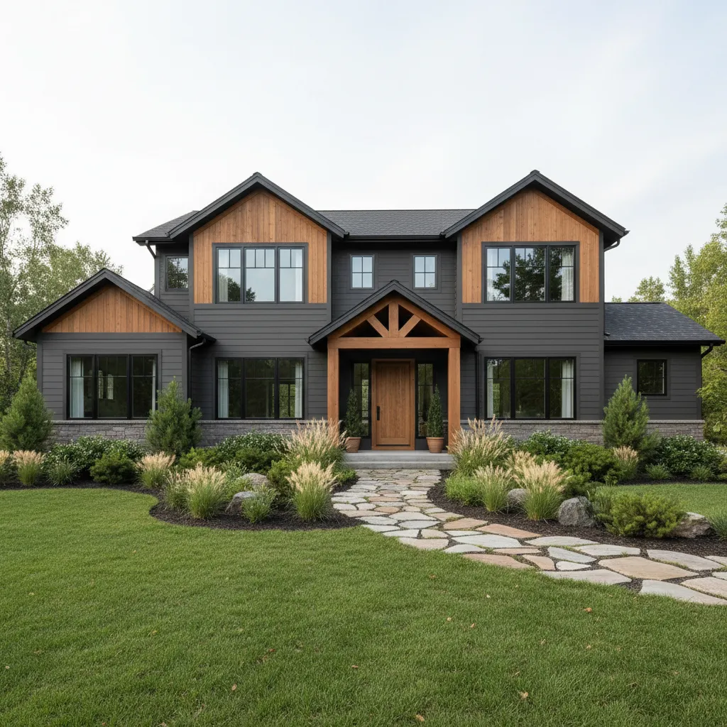 modern rustic home with evergreen landscaping and dark exterior siding creating strong curb appeal