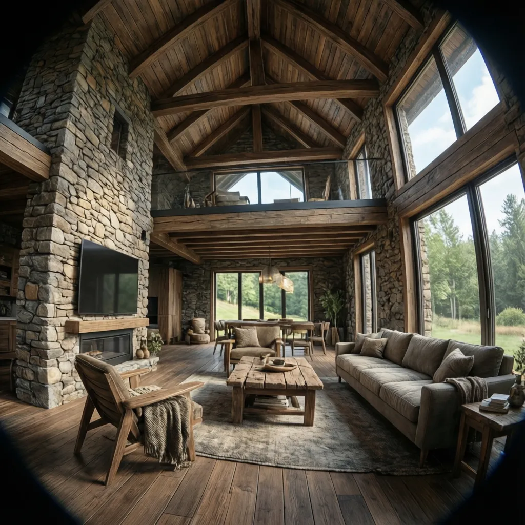 Render 3D de una casa rústica moderna con grandes ventanales