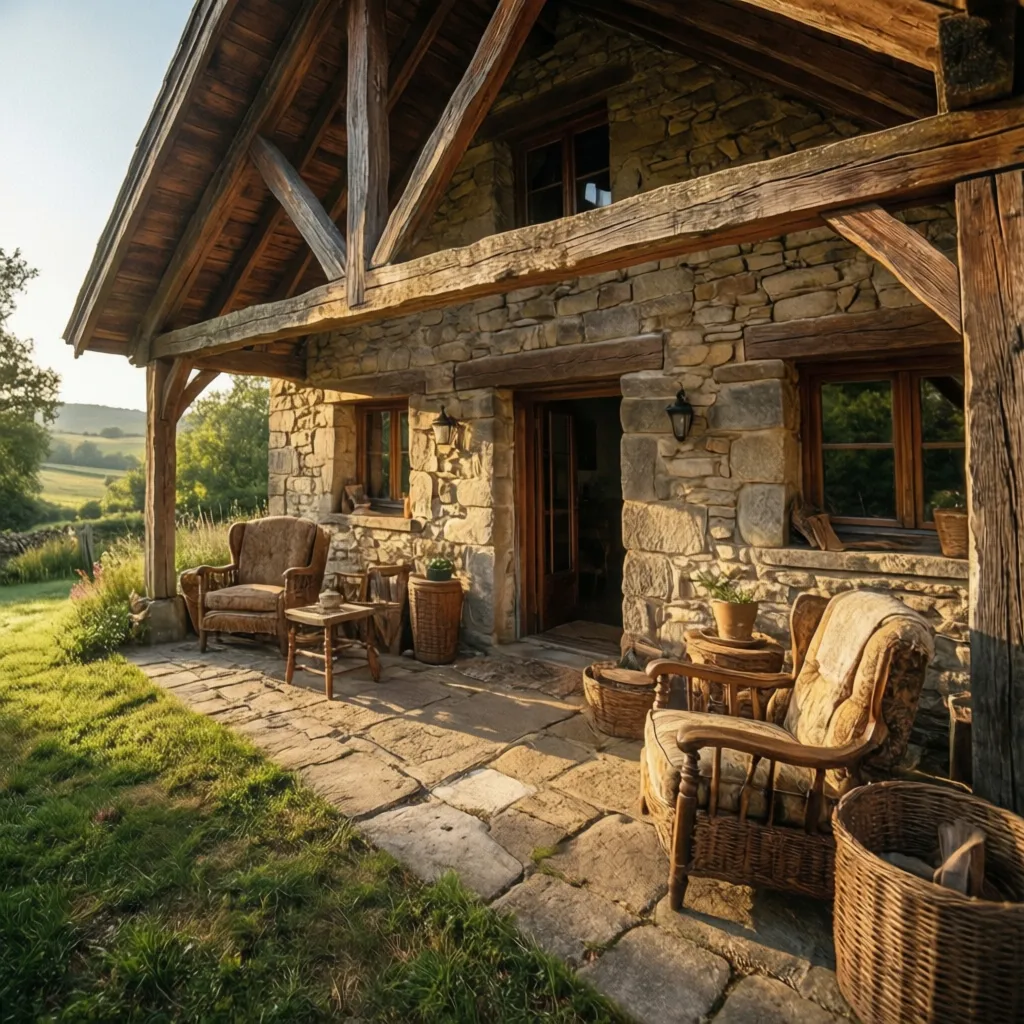 Rustic stone house exterior featuring wooden porch with cozy armchairs and warm evening sunlight view