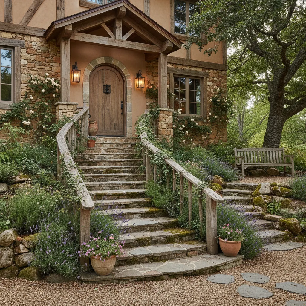 Entrada de casa rural con escaleras exteriores integradas en el jardín