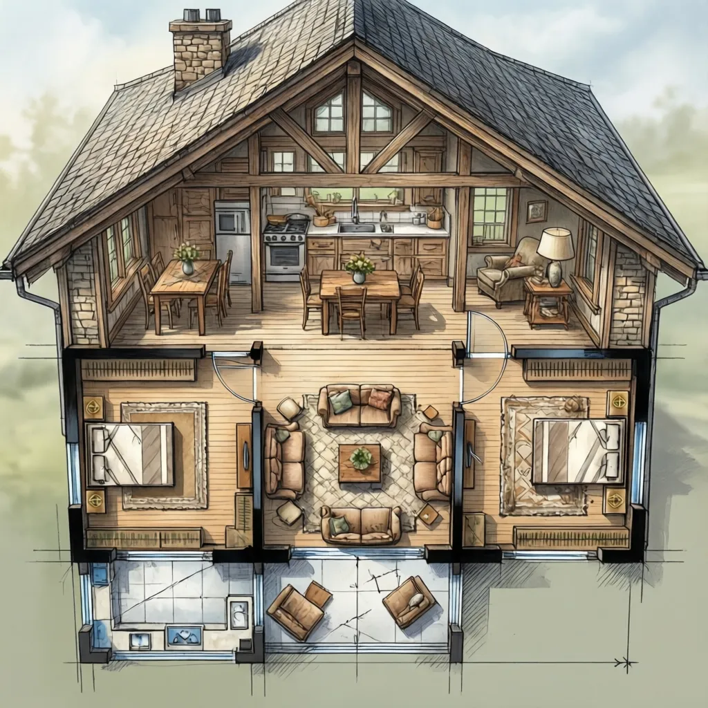Plano de distribución de casa de campo con salón central y porche