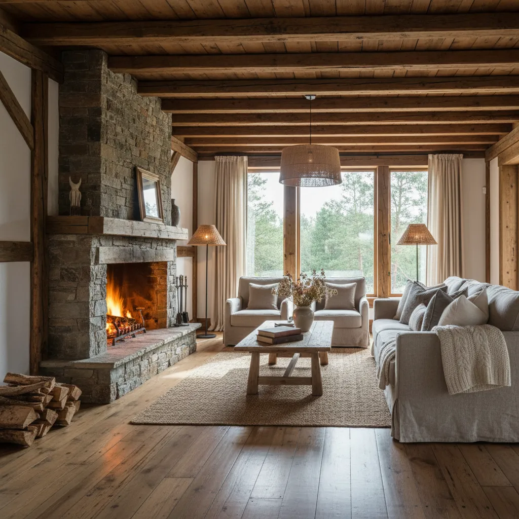 Rustic living room featuring stone fireplace wooden ceiling beams beige sofa and large bright windows