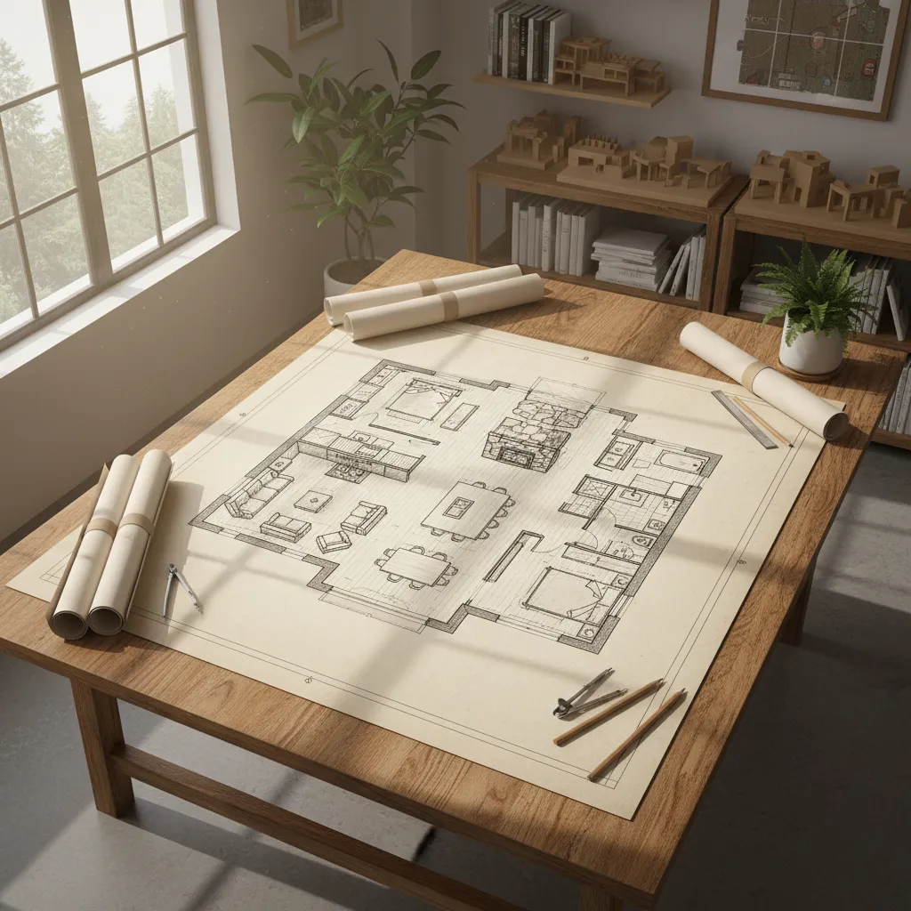 Plano de distribución de casa rústica con diseño interior