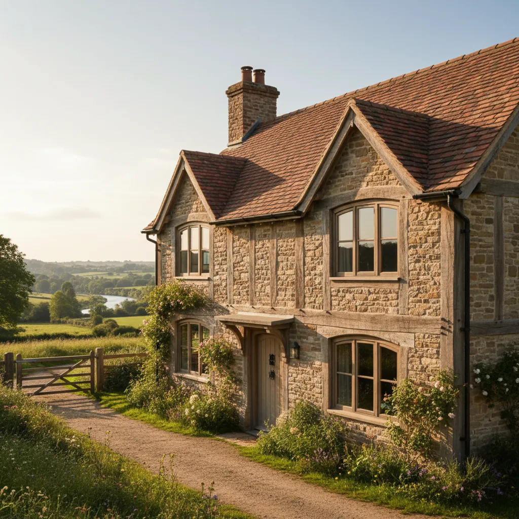 Casa rústica con fachada de piedra y vigas de madera