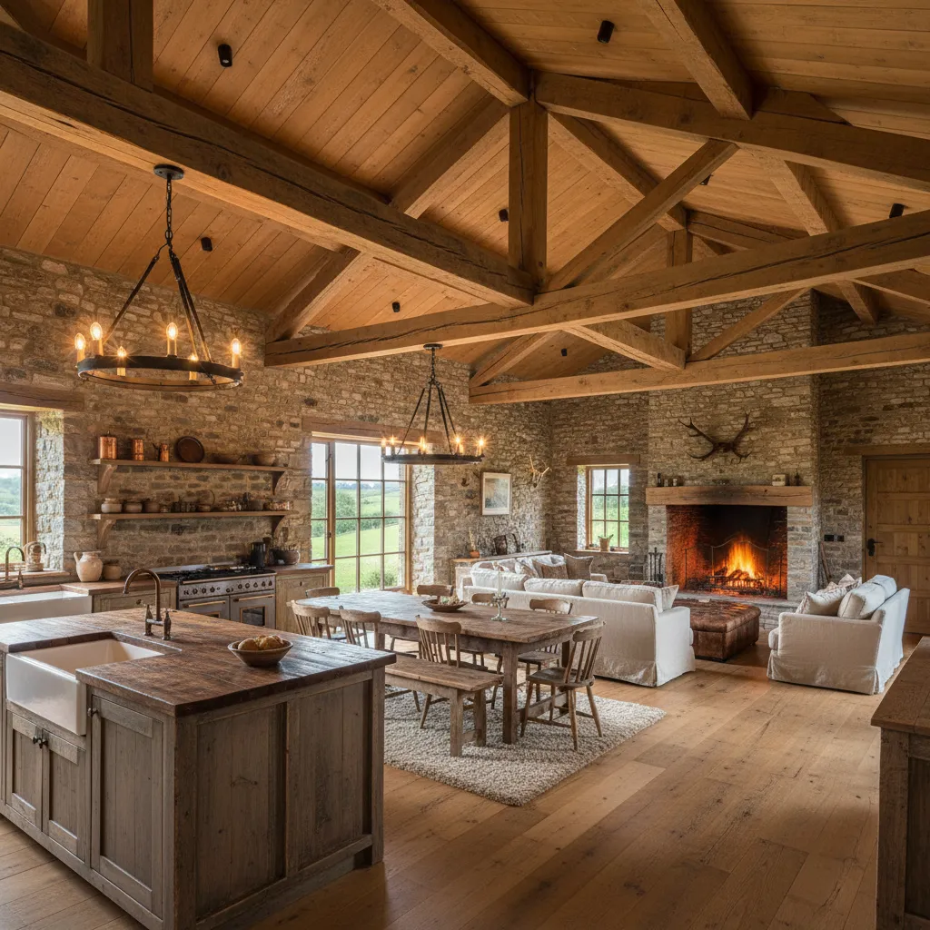 Distribución abierta en casa rústica con cocina y salón conectados