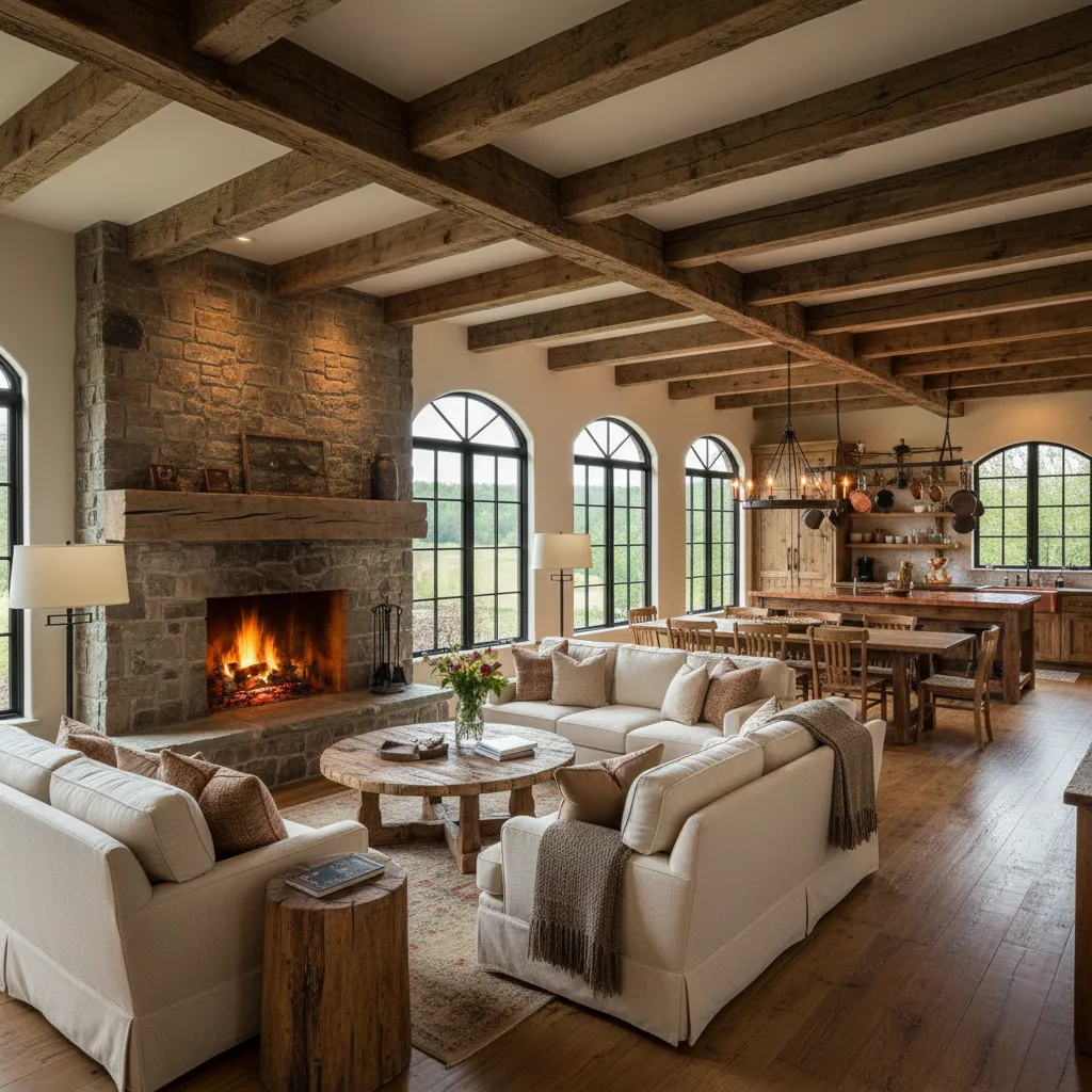 Salón rústico abierto conectado con comedor y cocina