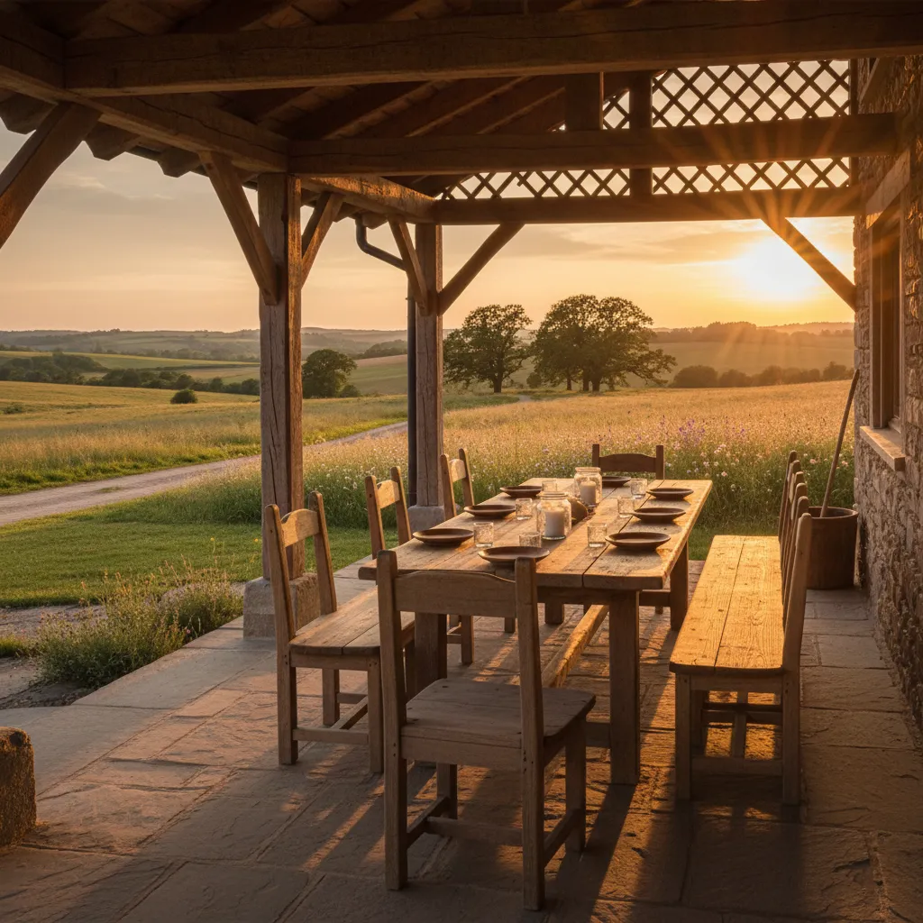 Porche amplio de casa de campo con mesa de madera y vistas al paisaje