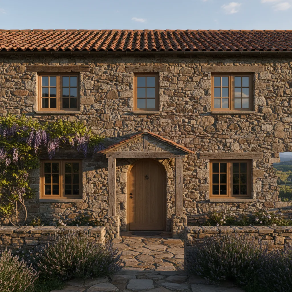 Stone house exterior with wooden door, many windows, purple flowers, and red tiled roof design